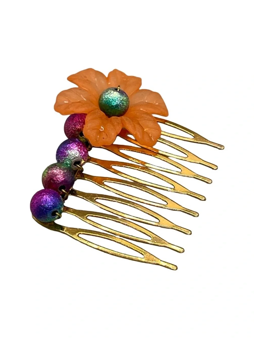 Orange Flower Hair Comb with Multicolor Beads - FINAL PRICE DROP